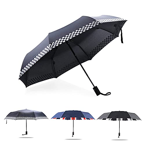 Tragbarer, automatischer, faltbarer Regenschirm, schwarz, kariert, winddicht, Reise-Regenschirm – kompakter, doppelt belüfteter Klappschirm mit automatischem Öffnen und Schließen für Mini Cooper