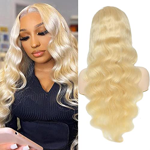 Perücke Blonde 613 Körperwelle Synthetische Spitzeperücken for Frauen Vorgezupfter Haaransatz mit Babyhaar Lange lockige hitzebeständige Faser T-Teil Lace Front Perücken Wig (Size : 4X1 T Part Lace W