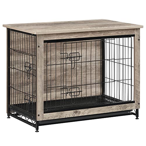 Feandrea Hundekäfig Möbel, Beistelltisch, Hundebox, Moderne Hundehütte Indoor für Hunde bis zu 32 kg, hochbelastbar, Hundehaus für Zuhause, herausnehmbares Tablett, 2 Türen, Greige PFC002G01