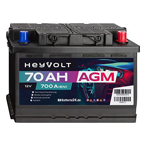 HeyVolt AGM Autobatterie 12V 70Ah 700A/EN Starterbatterie, Start-Stopp & Standheizung geeignet, absolut wartungsfrei