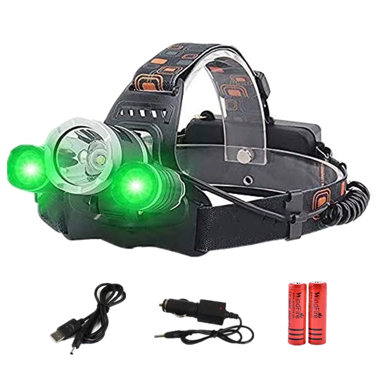 WINDFIRE 80000 Lumen XM-L T6 grüne Stirnlampe, hellste weiße und grüne LED-Jagd-Stirnlampe, wiederaufladbare USB-Stirnlampe, wasserdichter zoombarer Arbeitsscheinwerfer für Camping, Wandern, Laufen