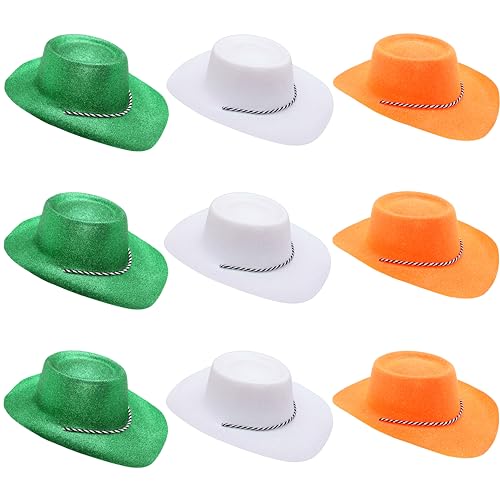 Toyland® Packung mit 9 Glitzer-Cowboyhüten mit irischem Farbthema – 3 Grün, 3 Weiß und 3 Orange – Größe 34 cm (13 Zoll) – Perfekt für EM, Weltmeisterschaft und Festivals
