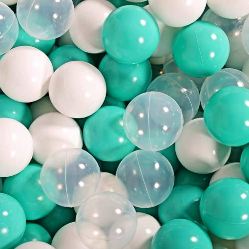 MEOWBABY 500 ∅ 7Cm Kinder Bälle Spielbälle Für Bällebad Baby Plastikbälle Made In EU Weiß/Türkis/Transparent