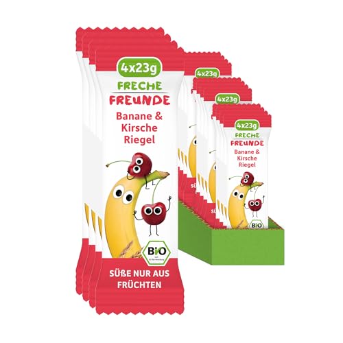 FRECHE FREUNDE Bio Fruchtriegel Banane & Kirsche, für Babys und Kinder ab 1 Jahr, ohne Zuckerzusatz, vegan, laktosefrei, 12er Pack, 12 x (4 x 23g)