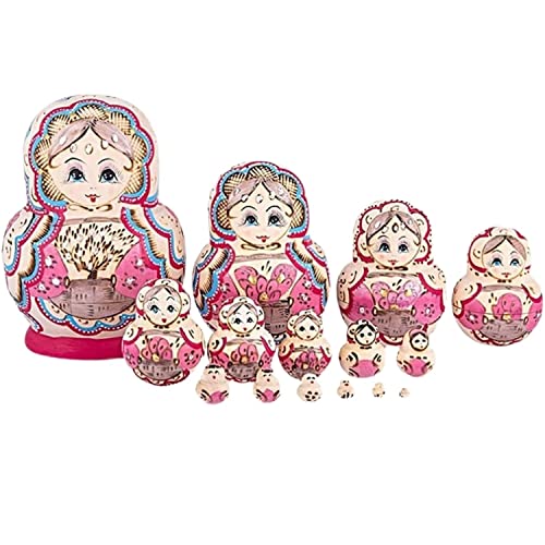 IRYZE Matroschka Nistpuppen 15 Stücke Rosa Blume Fee Mit Schal Handgemachte Hölzerne Russische Nesting Dolls Matroschka Holz Geschenk Stapelpuppen