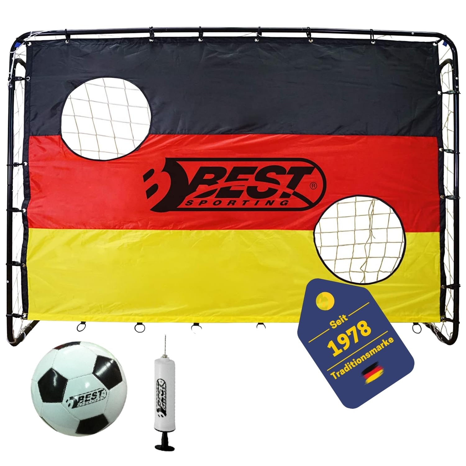 BestSporting Unisex – Erwachsene Deutschland Fußballtor, schwarz, rot, gelb, One Size Best Sporting Fußballtor Set mit Torwand mit 2 Schusslöchern, Ball & Pumpe