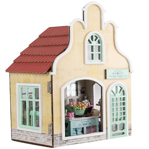Crafts&Co® DIY Miniature Haus mit Möbeln | DIY Puppenhaus Erwachsene | Hölzernes Puppenhaus-Kit | Holz Mini Haus Modell mit Licht | 1:18 | Seifenladen