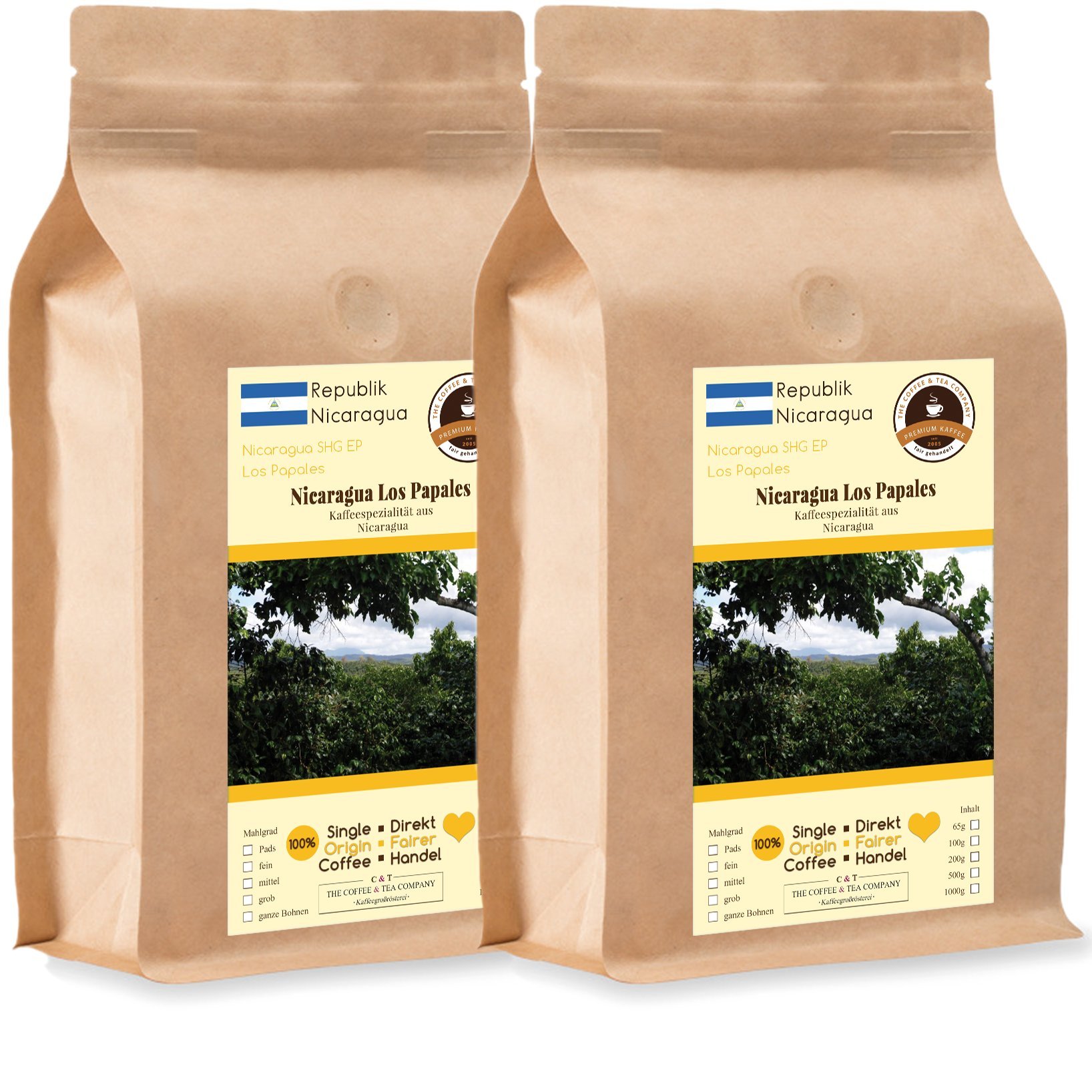 Kaffee Globetrotter - Kaffee Mit Herz - Nicaragua Los Papales - 2 x 1000 g Ganze Bohne - für Kaffee-Vollautomat, Kaffeemühle - Röstkaffee Fair Gehandelt | Nachfüllpack Sparpack