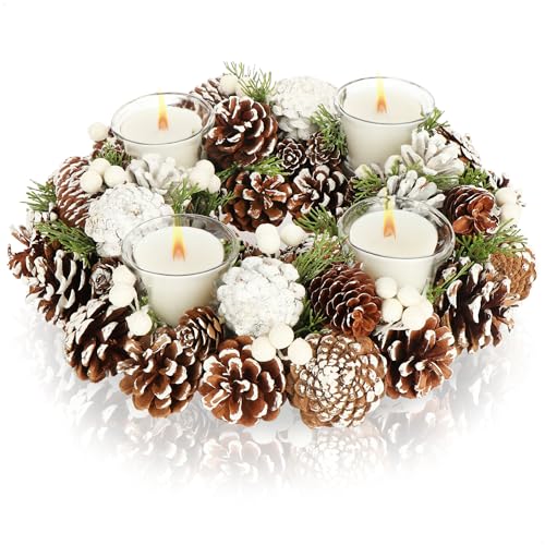 COM-FOUR® Tischkranz für Weihnachten - weißer Adventskranz mit Zapfen - Dekokranz mit 4 Teelichthaltern - Weihnachtskranz mit Kerzenhalter (Adventskranz L)