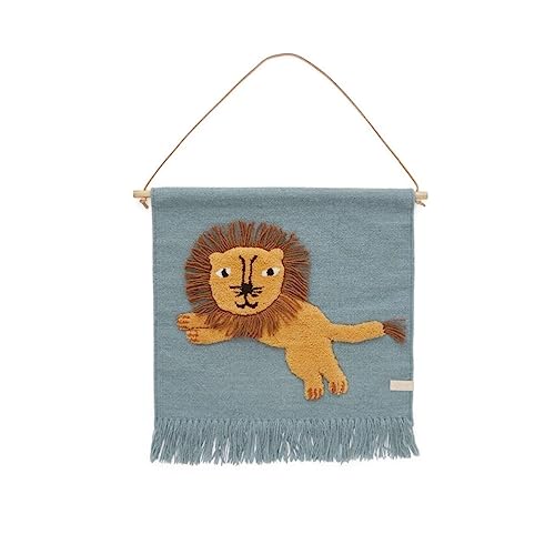 OYOY Mini Jumping Lion Wallhanger für Kinder - Wandteppich Kinderzimmer Löwe aus Wolle-Baumwolle 55x52 cm