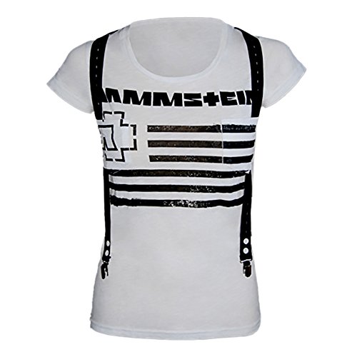 Rammstein Damen T-Shirt Suspender Offizielles Band Merchandise Fan Shirt weiß mit schwarzem Front und Back Print -S