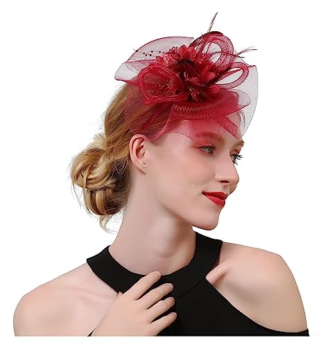 Fascinator-Hut, Damen-Blumen-Mesh-Bänder, Federn, Haar-Accessoires, Stirnband oder Clip-Cocktail-Teeparty-Kopf (Color : Wine red, Size : 1)