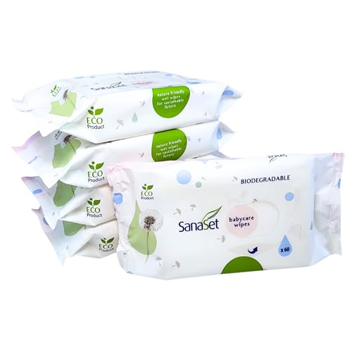 SanaSet Baby Feuchttücher - sanftes Toilettenpapier/Spucktücher mit Aloe Vera, Kamille & Olivenöl für empfindliche Haut - biologisch abbaubar, nachhaltig aus 100% Naturfasern (300 Stk (5er Pack))