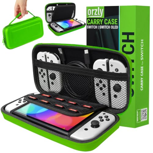Orzly Tragetasche Kompatibel mit Nintendo Switch und New Switch OLED-Konsole - Grun schützende Hülle, Harte tragbare Reisetasche mit Taschen für Zubehör und Spiele