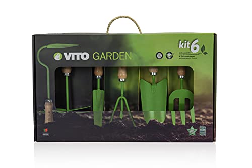 VITO Garden - Großes Gartenwerkzeug Set Holz, 9-teilig - Hochwertig und traditionell handgeschmiedete Garten-Kleingeräte - Gartengeräte Set - Stabile Qualität Garden (Vintage 6-TLG)