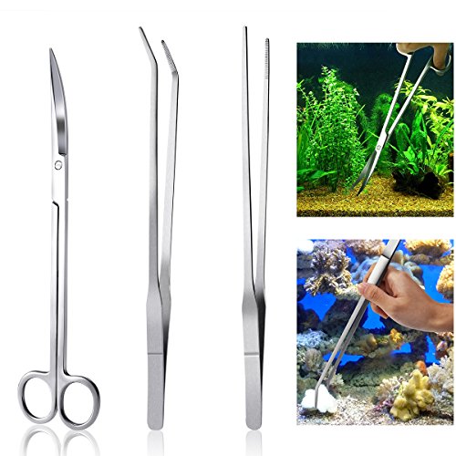 UEETEK 3 Stück / Set Edelstahl Aquarium Fisch Tank Kit,Pinzette Schere Werkzeuge Set Fisch Starter Kits für Pruning Reinigung Wasserpflanze Grass Etc,Durchschnittliche Länge 26CM