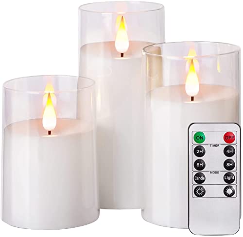 Britesta LED-Kerzen-Set mit Timer: 3er-Set LED-Echtwachskerzen in transparenten Acrylgläsern, 3 Größen (Flackerlicht-Echtwachs-Kerzen)