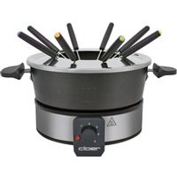 Cloer 6679 Fondue für 8 Personen, beschichteter Aluminiumtopf, inklusive Spritzschutz, 8 farbig markierte Gabeln 1,5 Liter, 1000 W, Silber, schwarz