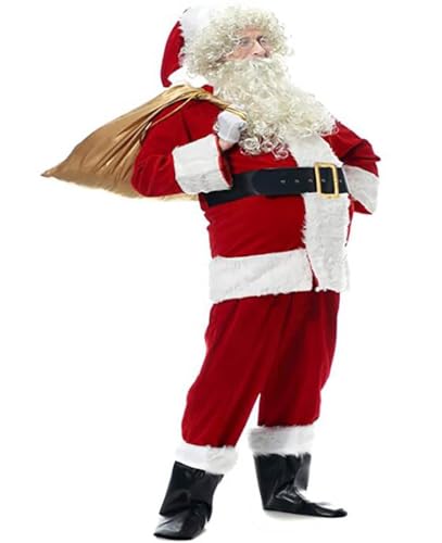 Kcolic Weihnachtsmann-Kostüm Für Erwachsene, 10-Teiliges Set, Weihnachtsmann-Kostüm-Outfit, Rotes Weihnachts-Party-Outfit, Perücke, Süßigkeitentüte 5XL.