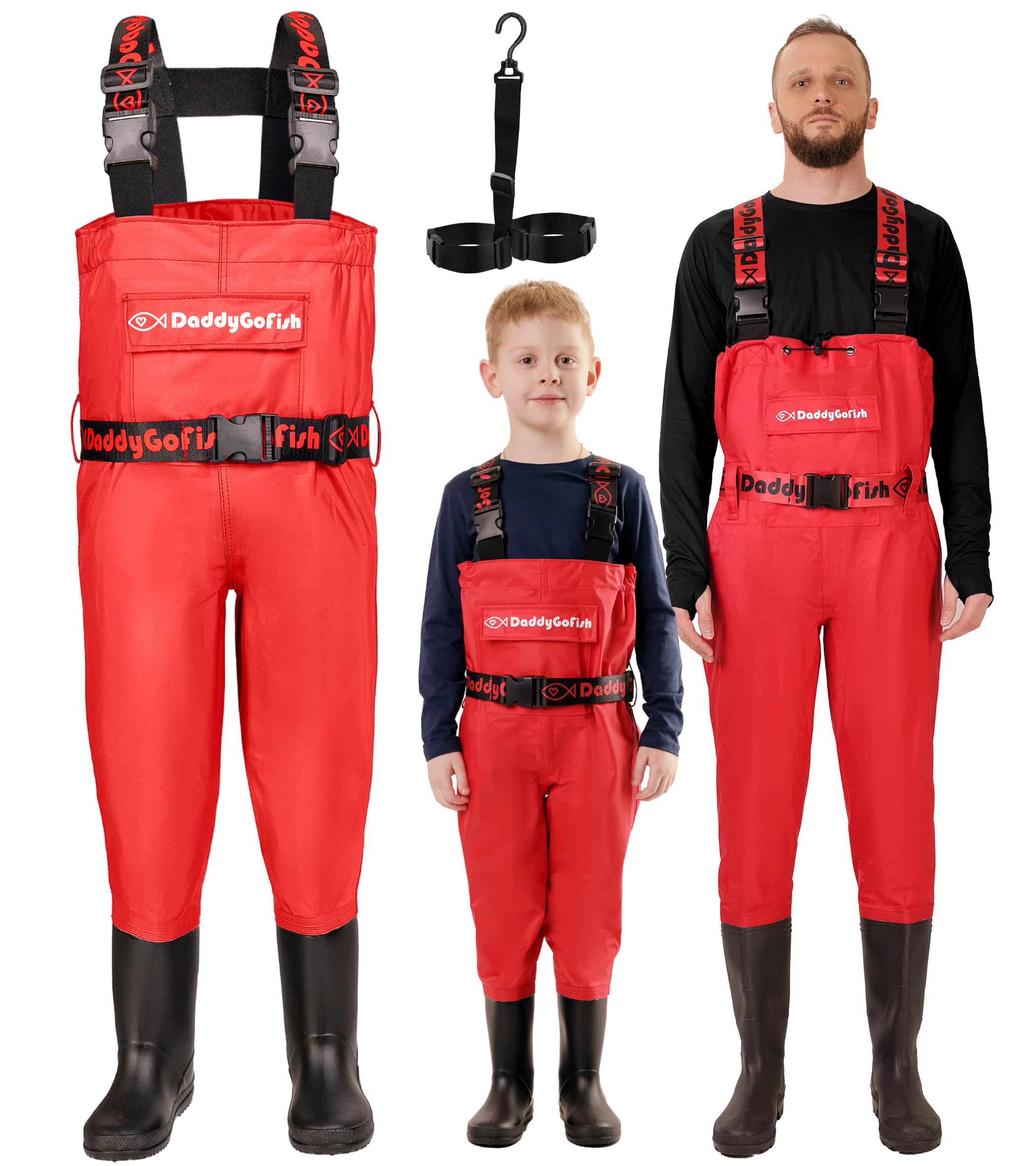 DaddyGoFish Wathose für Kinder – wasserdichte Angel- und Jagdausrüstung, Bass Duck Tributary – isolierte Stiefel für Junior-Angler, Jugendliche, Kleinkinder, Jungen, Mädchen, Rot Orange – Alter 11–12