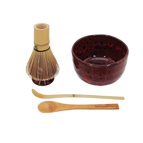 BambooMN Brand - Matcha Bowl Set (Includes Bowl, Rest,Tea Whisk, Chasaku, & Tea Spoon) 1 Set Deep Red w/Black by BambooMN