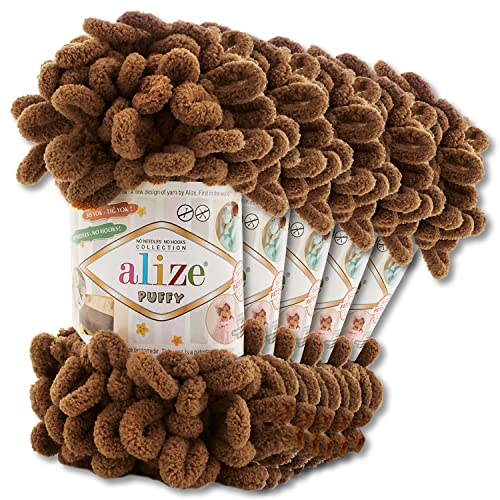 Wohnkult Alize 5 x 100 g Puffy Wolle Chenille Schlaufenwolle Häkeln und Stricken ohne Hilfsmittel Kleidung Accesoire Decken Teppiche (321 | Mokka)