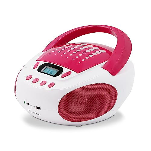CD-Player für Kinder, MP3, Pop Pink, mit USB-Port, Stromversorgung oder Batterien, Weiß und Rosa