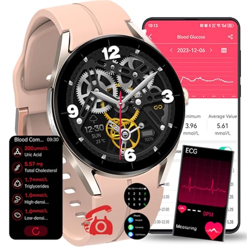 Fohatu 𝐄𝐂𝐆𝐏𝐏𝐆 Smartwatch 𝐛𝐥𝐮𝐭𝐳𝐮𝐜𝐤𝐞𝐫𝐛𝐥𝐮𝐭𝐳𝐮𝐜𝐤𝐞𝐫𝐦𝐞𝐬𝐬𝐮𝐧𝐠,Smartwatch Mit Bluetooth-Anrufe Blutfette Harnsäure Körpertemperatur Monitor,Pink