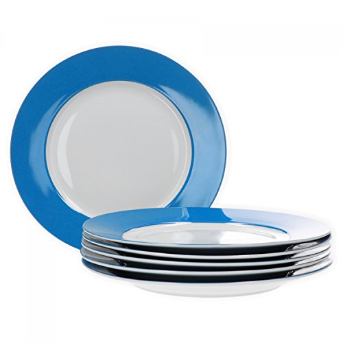 Van Well 6er Set Speiseteller Essteller flach Serie Vario Porzellan - Farbe wählbar, Farbe:blau