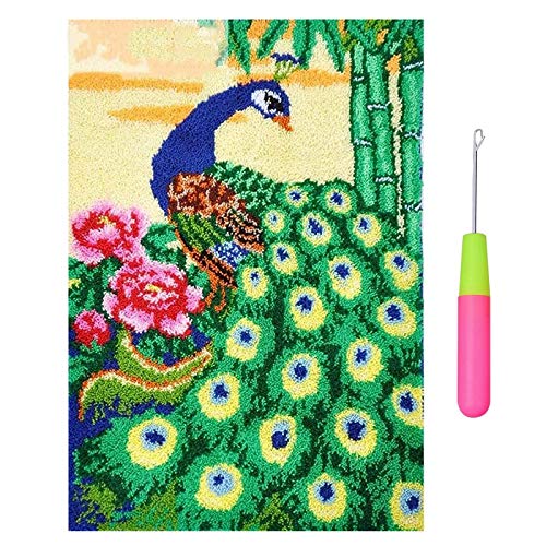 HuaHong Knüpfteppich Kreuzstich, Großer Stickerei Teppich Knüpfen DIY Set Selber Machen Set für Kinder Erwachsene zum Selber Knüpfen, 110 x 75 cm (Color : Flower Peacock)