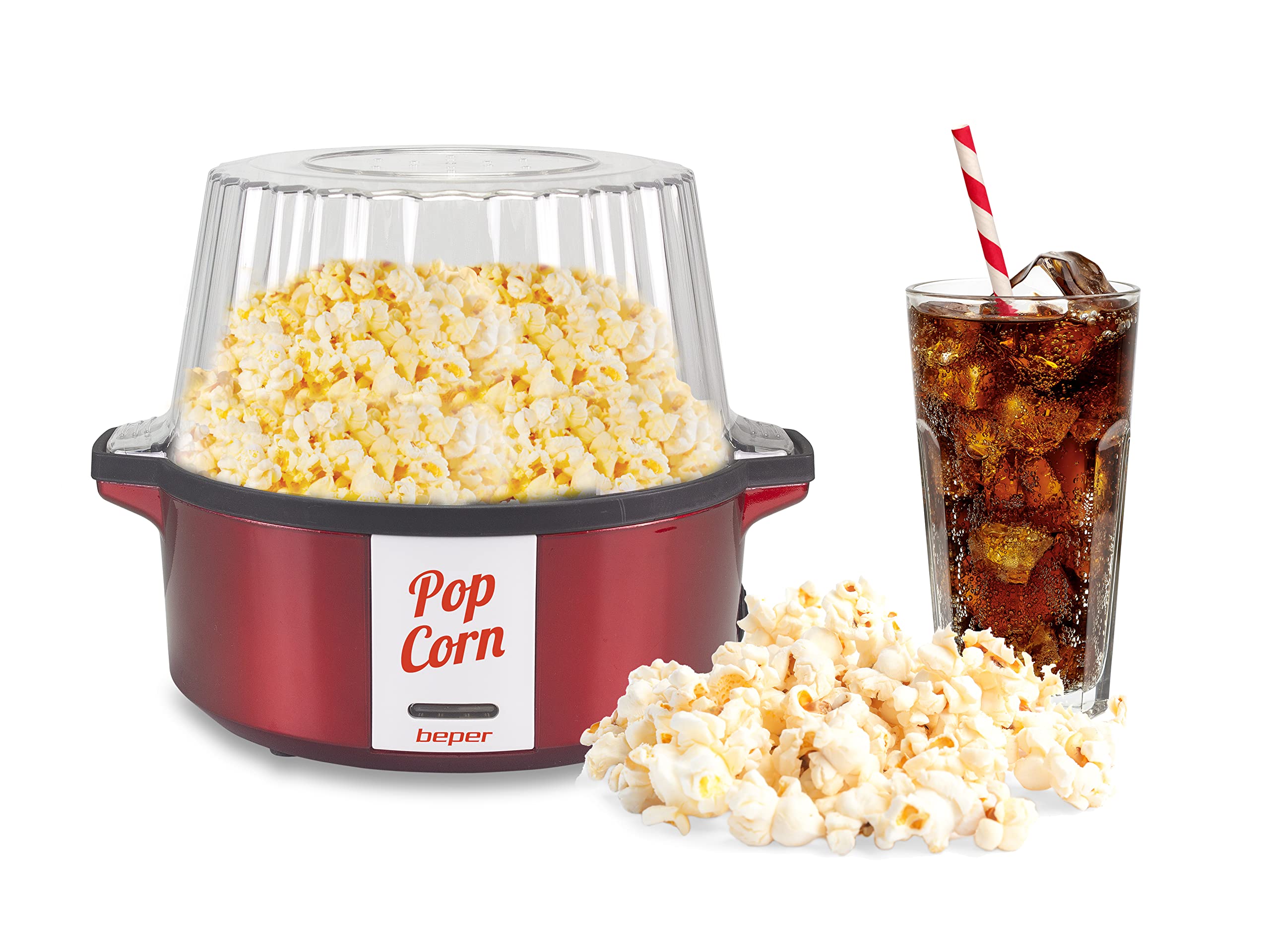 BEPER P101CUD050 Popcornmaschine, 700 W, Antihaftbeschichtung, Kochen mit Butter/Öl, drehbarer Schaufel aus Stahl, Deckel verwandelt sich in eine Schale, Löffel im Lieferumfang enthalten, Rot