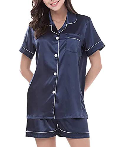 Ladieshow Schlafanzüge für Damen Sommer kurzärmelig Satin Loungewear Nachtwäsche Button-Down-Nachtwäsche zweiteiliges Set