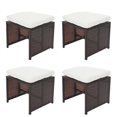 Mendler 4er-Set Poly-Rattan Hocker Kreta, Gartenhocker Sitzhocker - braun, Kissen Creme