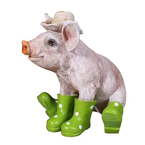 colourliving Deko Schwein Erich das Schwein mit Hut und Stiefel Schweine Figuren Garten Dekofigur Schweinchen lustige Gartenfiguren (sitzend, Grün)