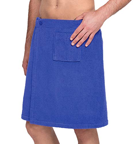 Lashuma Männer Saunakilt Blau, Baumwoll Saunarock mit Tasche und Knöpfen, anpassbarer Sauna Sarong Länge: 52 cm