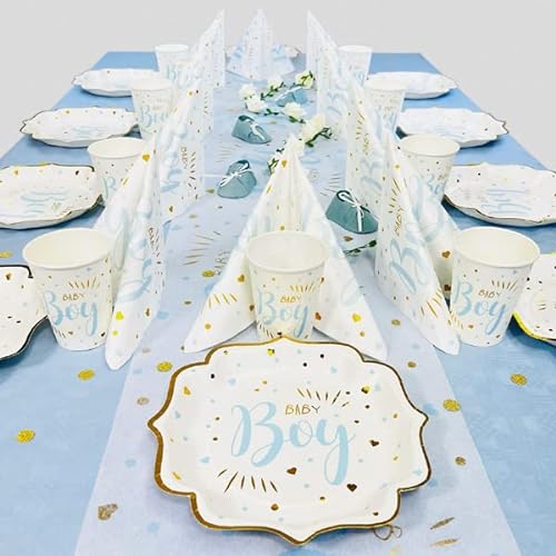 Geburtstagsfee Babyparty und Baby Shower Tischdeko Set für Jungen für 10 Gäste mit Becher, Teller, Servietten, Trinkhalmen, Tischläufer und mehr……