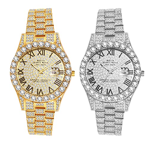 JewelryWe Armbanduhr für Herren, Arbeitsuhr mit glänzendem Zirkonia, Farbe gold/silber, 2 Stücke C, Armband