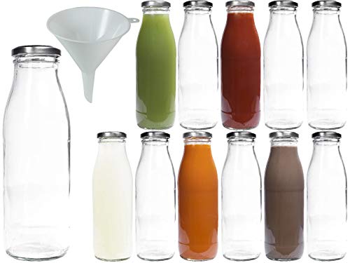 Viva Haushaltswaren #32992# 12 x Weithals-Glasflasche 500 ml mit silberfarbenem Schraubverschluss, als Milchflasche, Saftflasche & Smoothieflasche verwendbar (inkl. Trichter Ø 12 cm)
