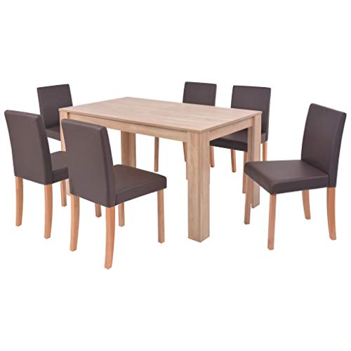 Tidyard Essgruppe 7-TLG. Esszimmertisch und Essstühle Set Tischgruppe Esszimmergarnitur 1 Tisch und 6 Stühle Kunstleder + Holz Braun