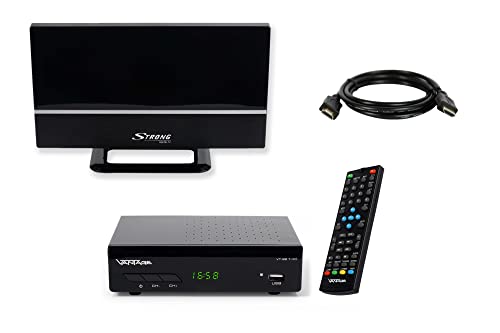 Vantage VT-92 DVB-T/T2 Reciever, Empfang Aller freien SD und HD DVB-T2 Sender, Digital, Full-HD 1080p, HDMI, SCART, Mediaplayer, USB 2.0, 2m HDMI Kabel, aktive DVB-T2 Zimmerantenne