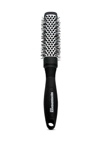 Denman Rund-Haar-Bürste Squargonomics, für schnelles/schonendes Föhnen/Glätten kurzer Haare, gewellte Nylonborsten, Durchmesser 25 mm, silber