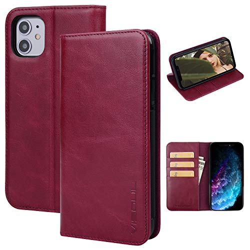 Visoul Schutzhülle für iPhone 11 Pro, echtes Leder, mit Magnetverschluss, Kreditkartenfächer, Standfunktion, Folio-Hülle, iPhone 11(6.1inch), violett
