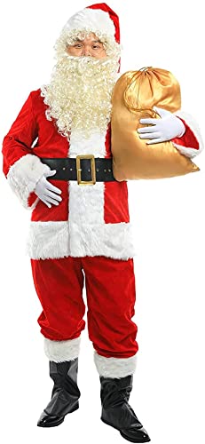 Kcolic Velours-Weihnachtsmann-Kostüm, 11er-Pack, Herren-Kostümgürtel + Handschuhe + Lederstiefelüberzüge + Glocke + Brille + Perücke + Bonbontüte 2XL.