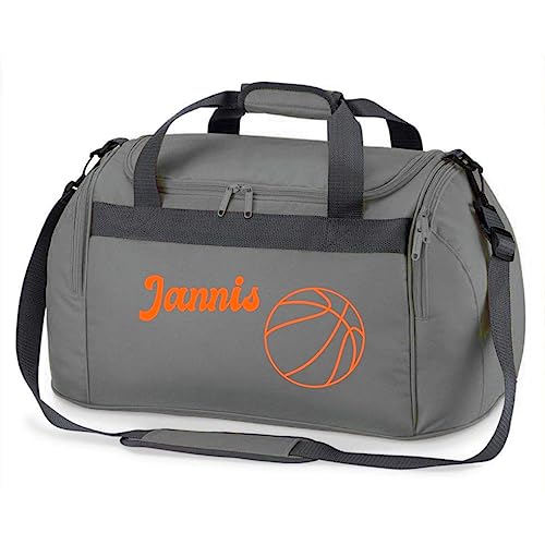 minimutz Sporttasche mit Namen Bedruckt für Kinder | Personalisierbar mit Motiv Basketball | Reisetasche Duffle Bag für Mädchen und Jungen Sport (grau)