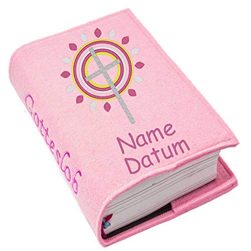 Gotteslob Gotteslobhülle Hülle Kreuz 3 pink Filz mit Namen bestickt Einband Umschlag personalisierte Gesangbuchhülle, Farbe:rosa