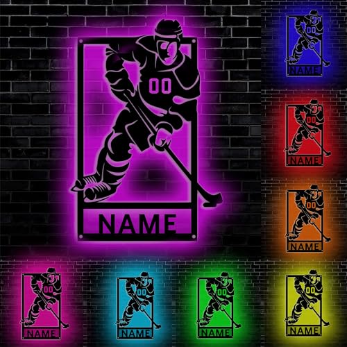 Personalisiertes FHockey Spieler Metallschild mit LED Licht, Personalisiert Hockey Wand Neon Zeichen Lampe Dekor Mit Name, Benutzerdefinierte Name und Nummer, Zimmer Deko, Weihnachten, Geburtstag