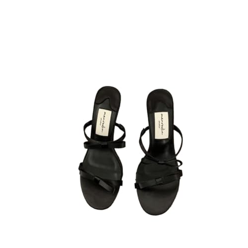 Damen-Sandalen mit Absatz, Riemchen-Stilettos, offener Zehenbereich, Slip-On, modisch, sexy Kleid, niedliche Schleife, rückenfrei, High-Heel-Slides, Heels, Hausschuhe ( Color : Black , Size : 38 EU )