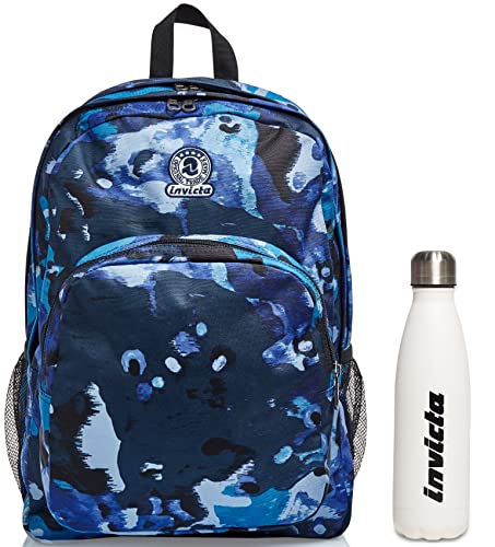 Rucksack Strong Invicta, Camo Shade, Blau, Doppelfach, Schule & Freizeit + weiße Thermoflasche mit Logo, mehrfarbig