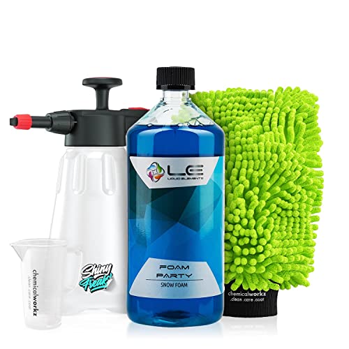 Liquid Elements Foam Party Aktivschaum (1L) - Hochkonzentrierter Snow Foam inkl. Waschhandschuh & Schaumsprüher - Für eine schonende Autowäsche - Vorreiniger, Shampoo, pH-neutral, waschen | 5-teilig