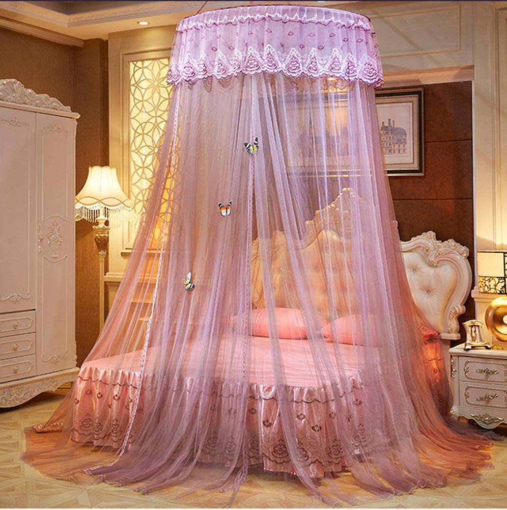 Betthimmel – romantisches Prinzessinnen-Bett mit rundem Spitze, Kuppelförmig, Moskitonetz, für Mädchen, Queensize-Bett mit 2 Schmetterlingen